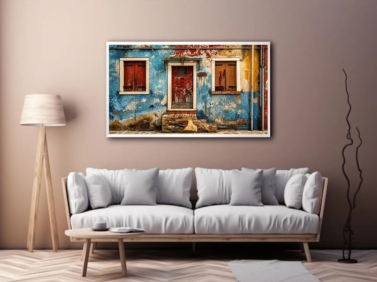 Colorful vintage European facade wall art with distressed blue textures and rustic Mediterranean architecture