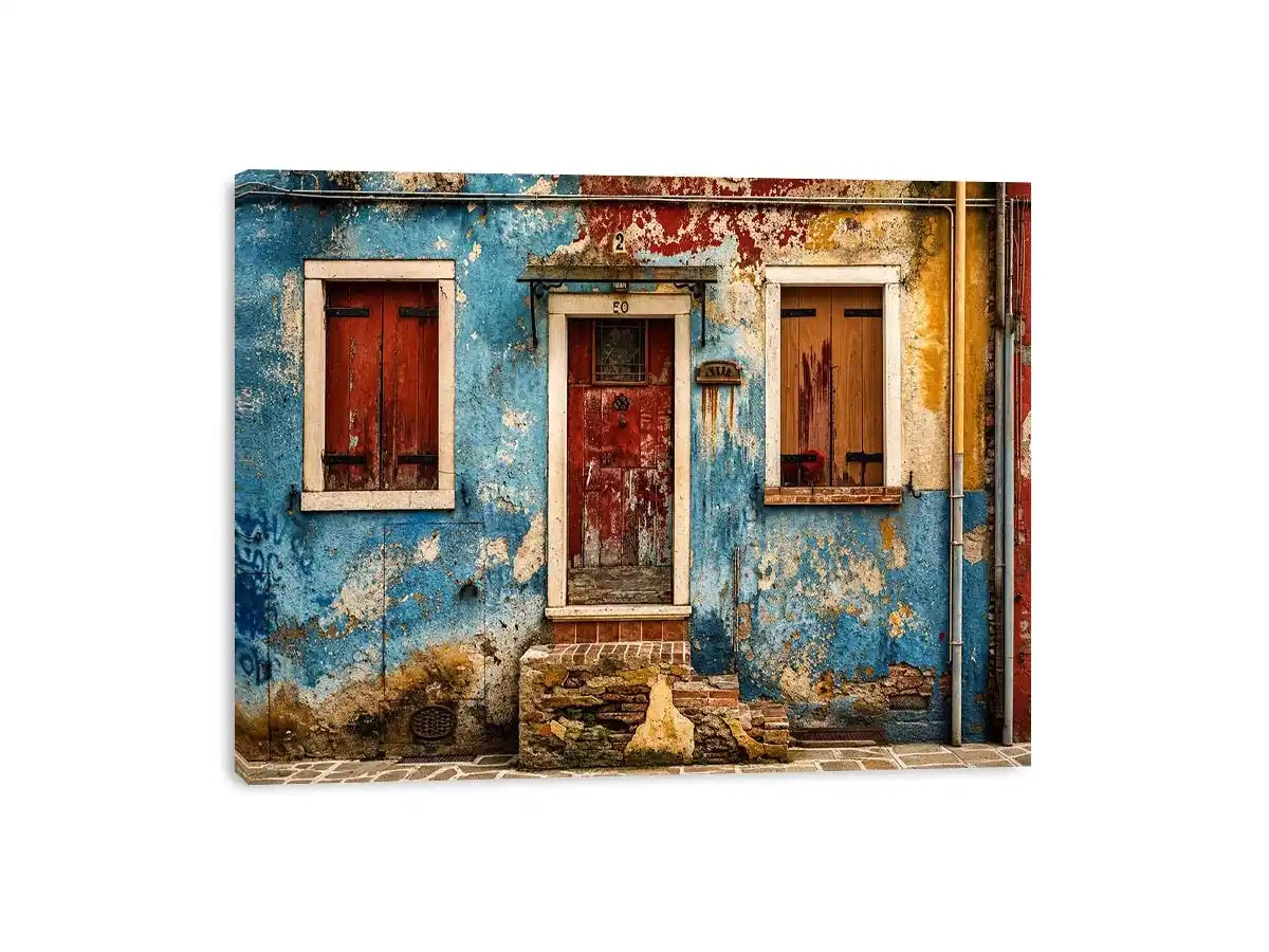 Colorful vintage European facade wall art with distressed blue textures and rustic Mediterranean architecture