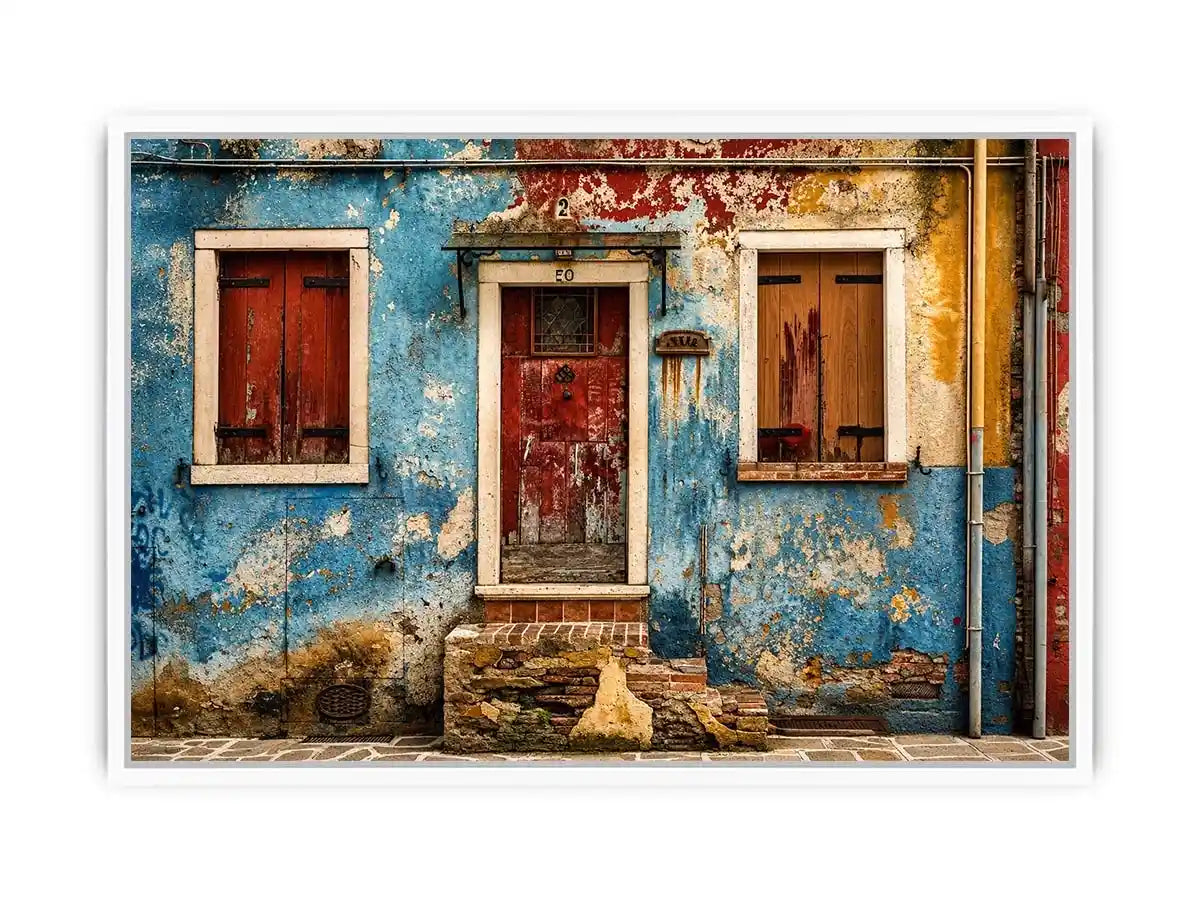 Colorful vintage European facade wall art with distressed blue textures and rustic Mediterranean architecture