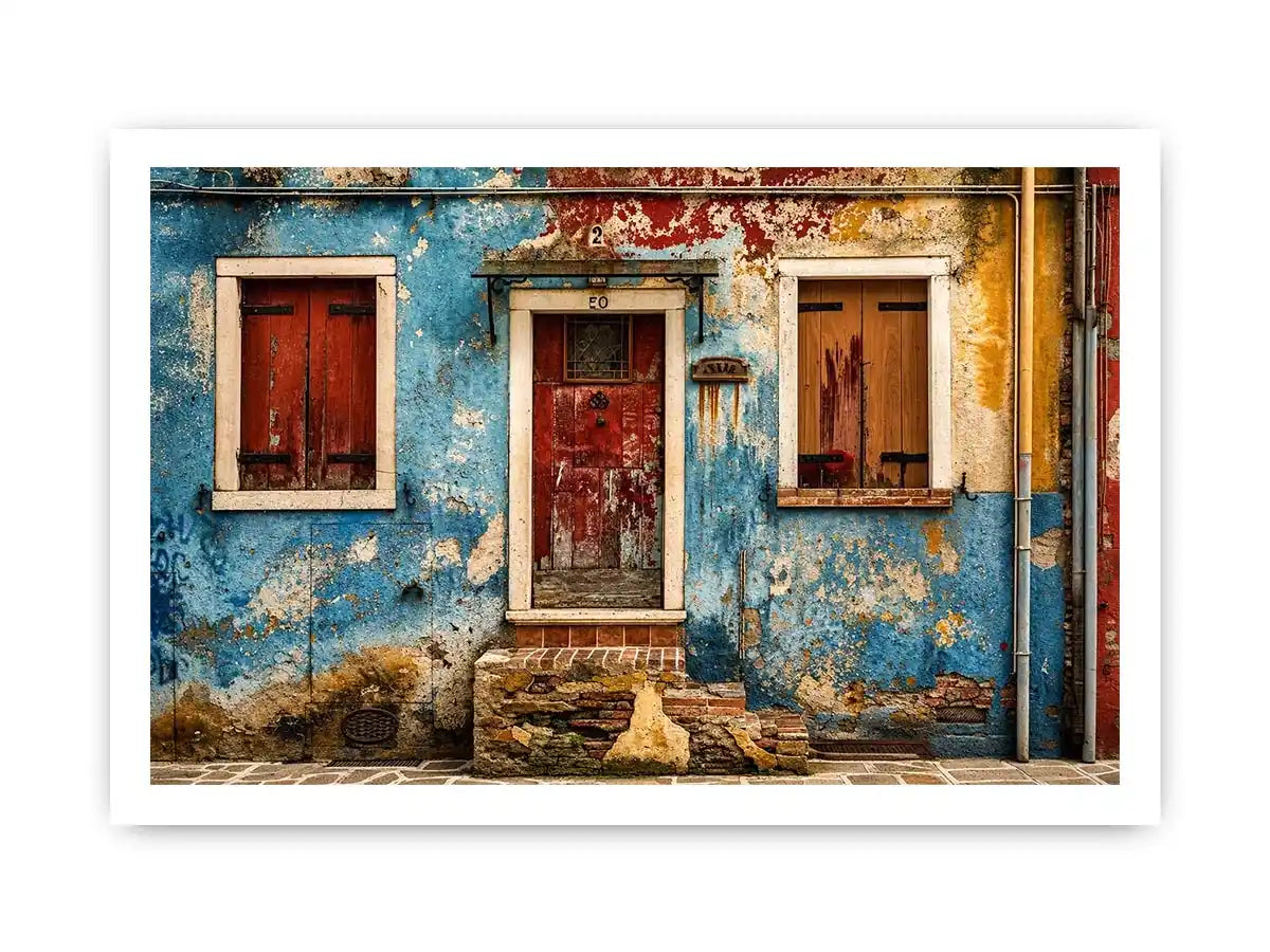 Colorful vintage European facade wall art with distressed blue textures and rustic Mediterranean architecture