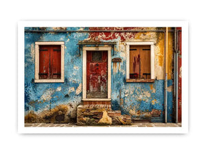 Colorful vintage European facade wall art with distressed blue textures and rustic Mediterranean architecture