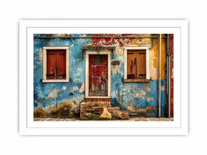 Colorful vintage European facade wall art with distressed blue textures and rustic Mediterranean architecture