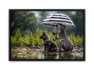 Whimsical zebra and fox rain wall art with striped umbrella and soft moody wildlife atmosphere