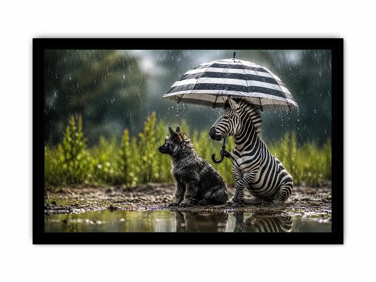 Whimsical zebra and fox rain wall art with striped umbrella and soft moody wildlife atmosphere