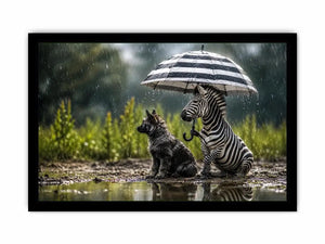 Whimsical zebra and fox rain wall art with striped umbrella and soft moody wildlife atmosphere