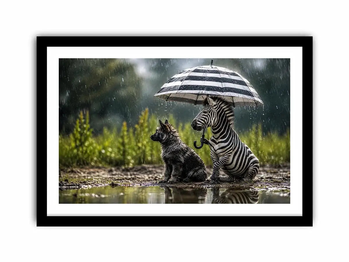 Whimsical zebra and fox rain wall art with striped umbrella and soft moody wildlife atmosphere