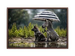 Whimsical zebra and fox rain wall art with striped umbrella and soft moody wildlife atmosphere
