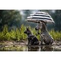 Whimsical zebra and fox rain wall art with striped umbrella and soft moody wildlife atmosphere