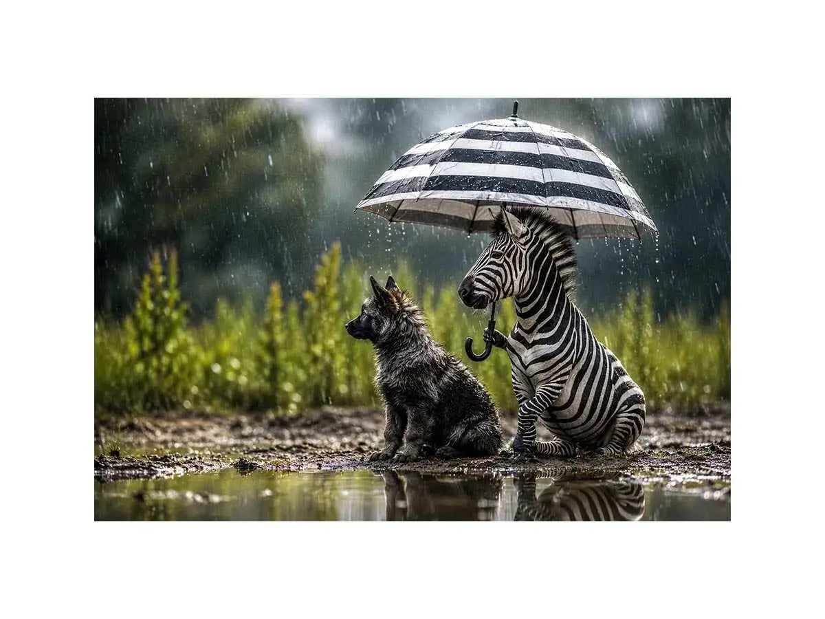 Whimsical zebra and fox rain wall art with striped umbrella and soft moody wildlife atmosphere