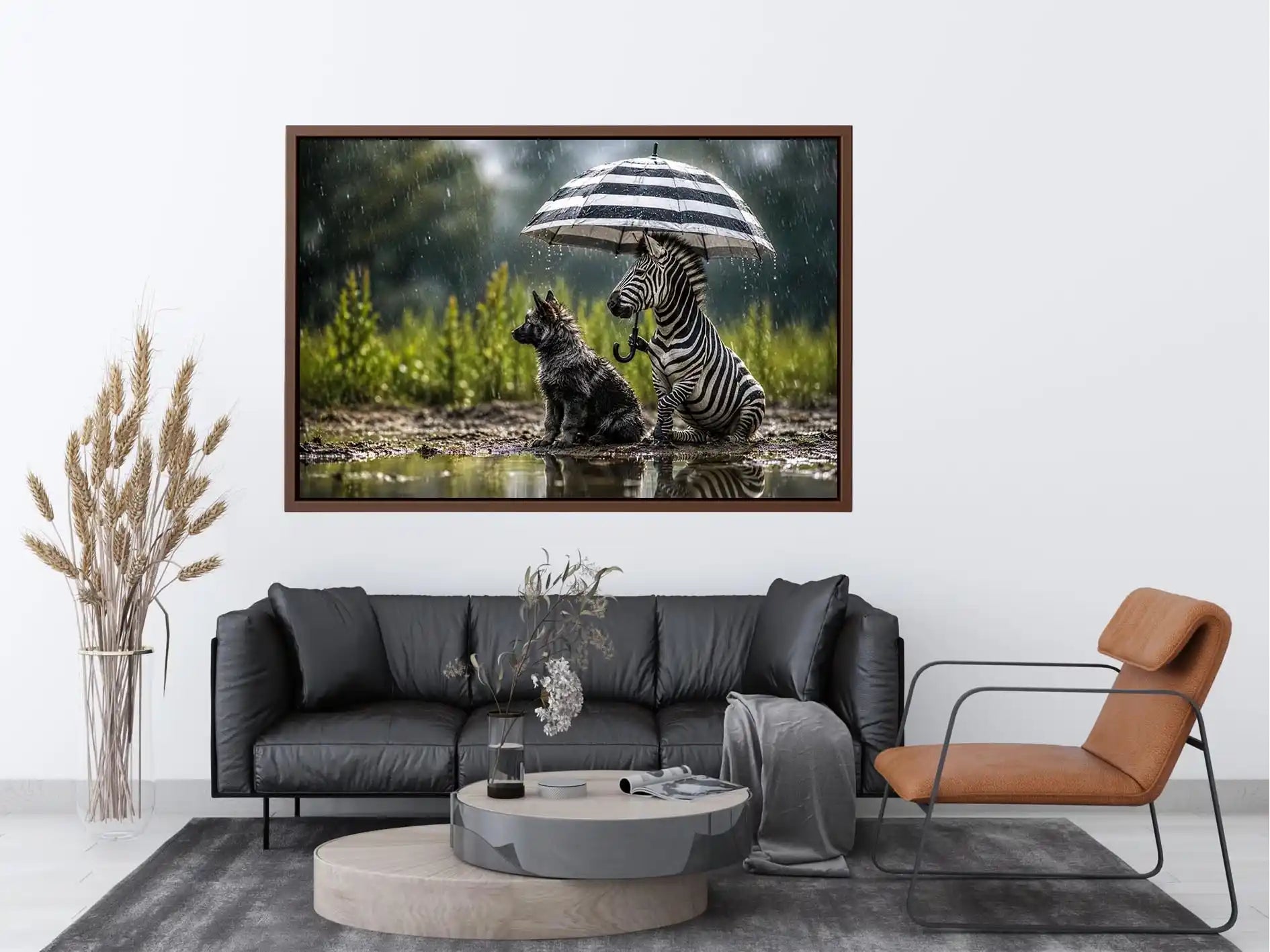 Whimsical zebra and fox rain wall art with striped umbrella and soft moody wildlife atmosphere