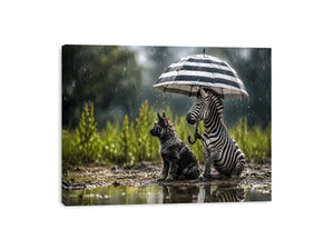 Whimsical zebra and fox rain wall art with striped umbrella and soft moody wildlife atmosphere