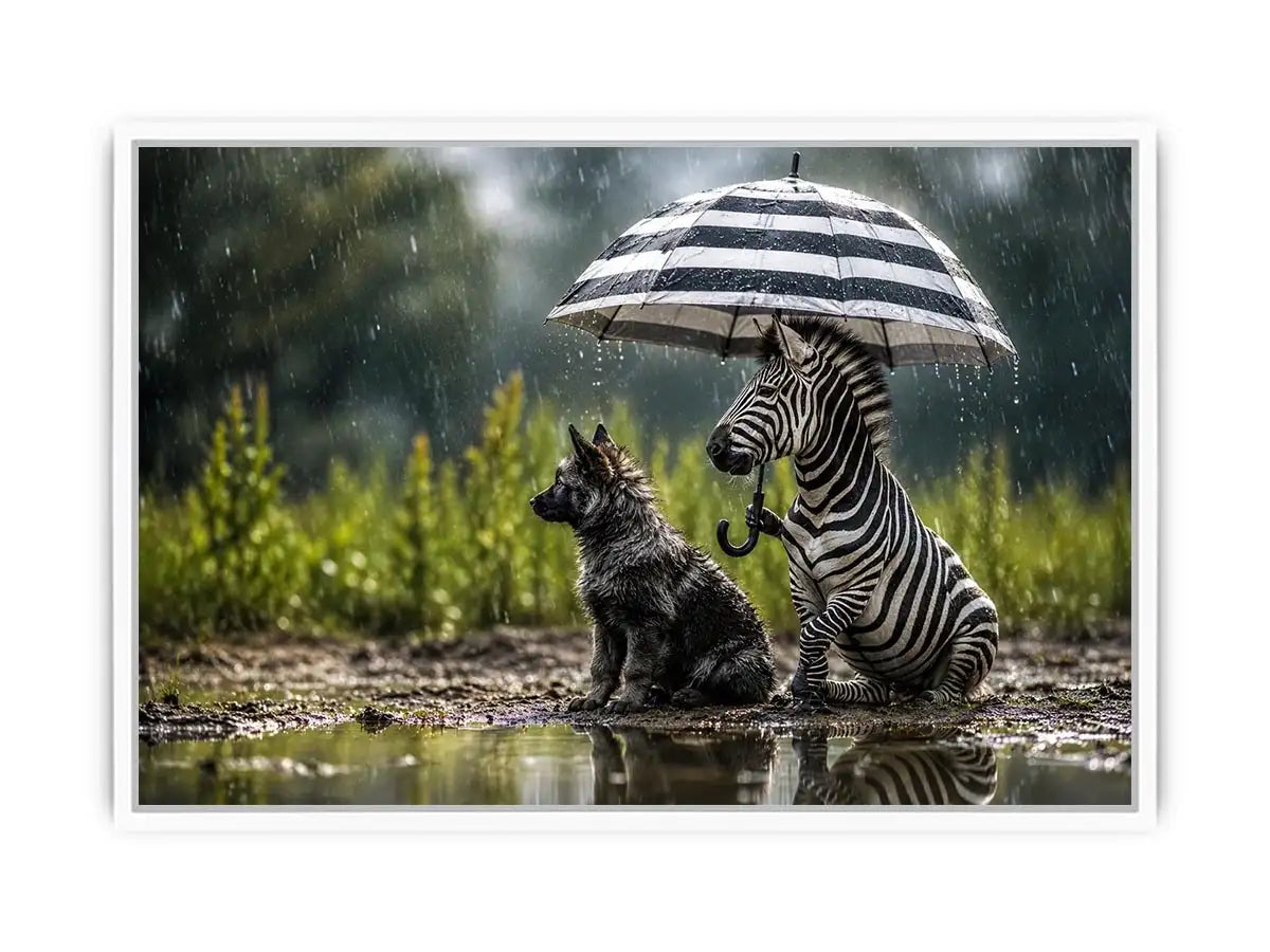Whimsical zebra and fox rain wall art with striped umbrella and soft moody wildlife atmosphere