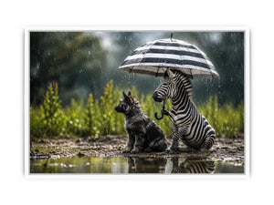 Whimsical zebra and fox rain wall art with striped umbrella and soft moody wildlife atmosphere