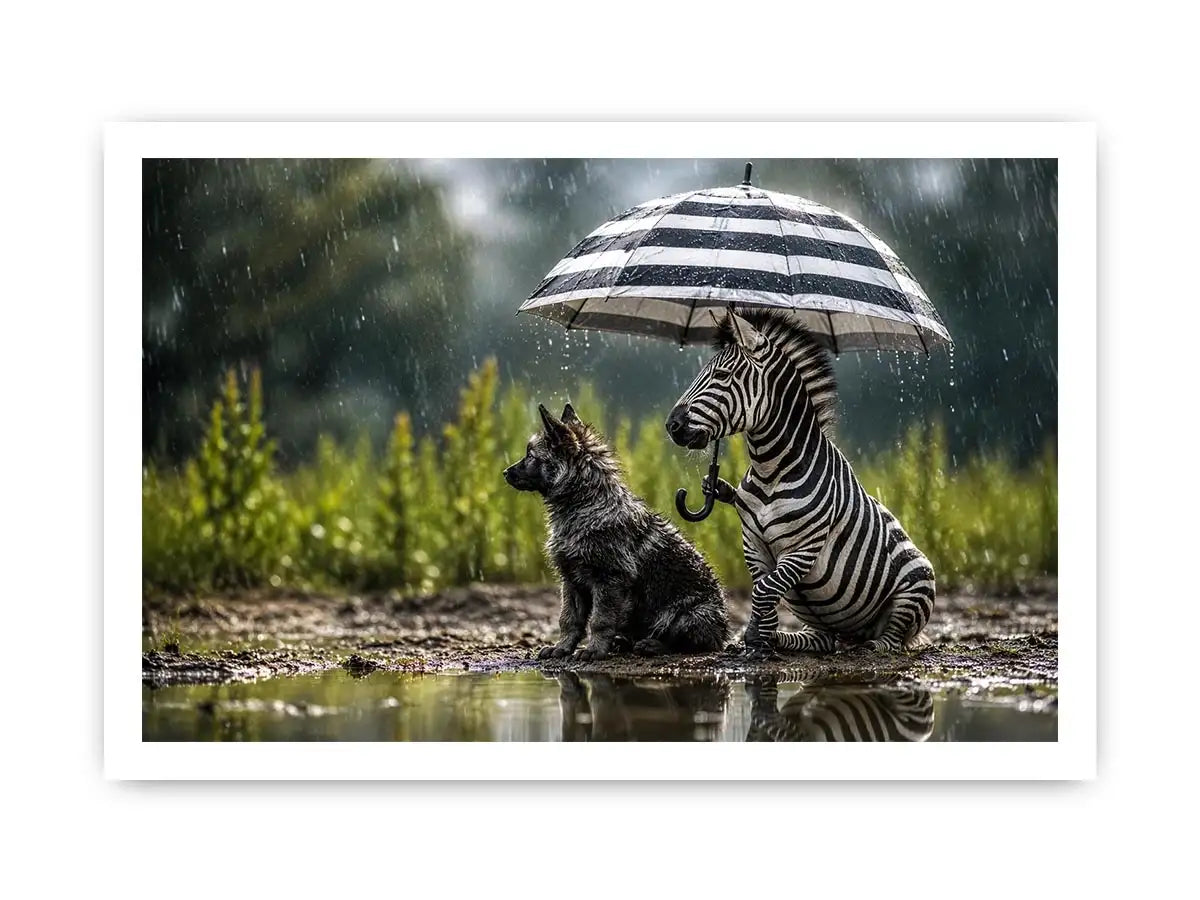 Whimsical zebra and fox rain wall art with striped umbrella and soft moody wildlife atmosphere