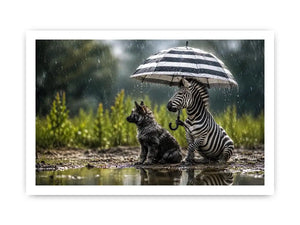 Whimsical zebra and fox rain wall art with striped umbrella and soft moody wildlife atmosphere