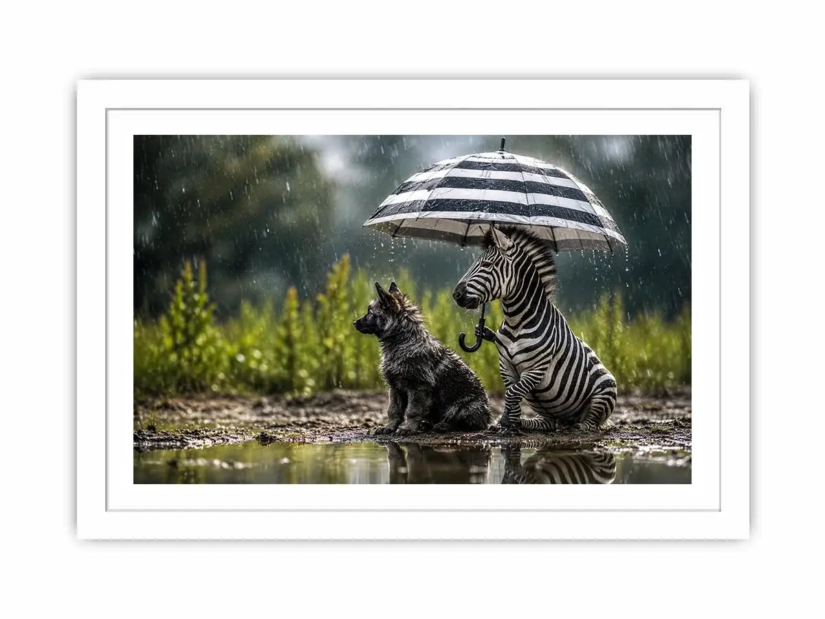 Whimsical zebra and fox rain wall art with striped umbrella and soft moody wildlife atmosphere