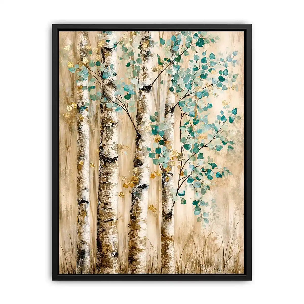 Minimal birch forest wall art with soft aqua leaves and textured neutral woodland design for modern interiors