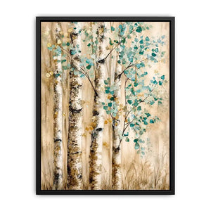 Minimal birch forest wall art with soft aqua leaves and textured neutral woodland design for modern interiors