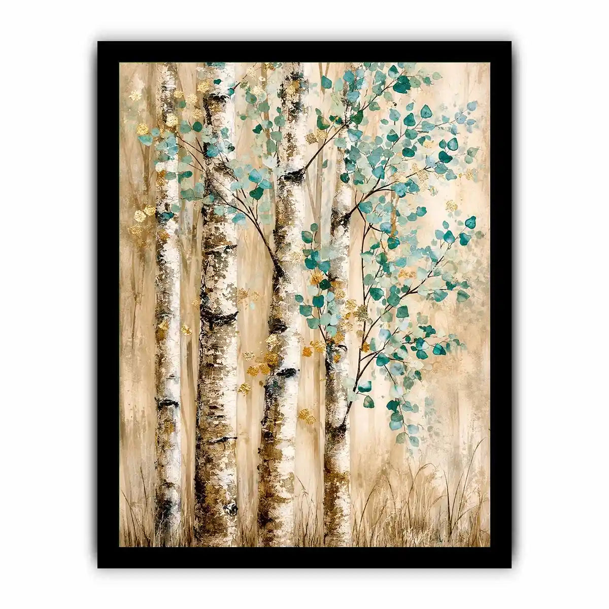 Minimal birch forest wall art with soft aqua leaves and textured neutral woodland design for modern interiors