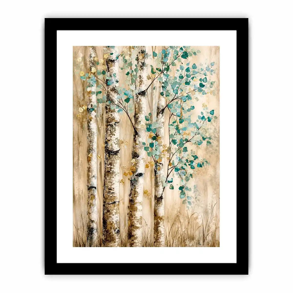 Minimal birch forest wall art with soft aqua leaves and textured neutral woodland design for modern interiors
