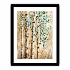 Minimal birch forest wall art with soft aqua leaves and textured neutral woodland design for modern interiors