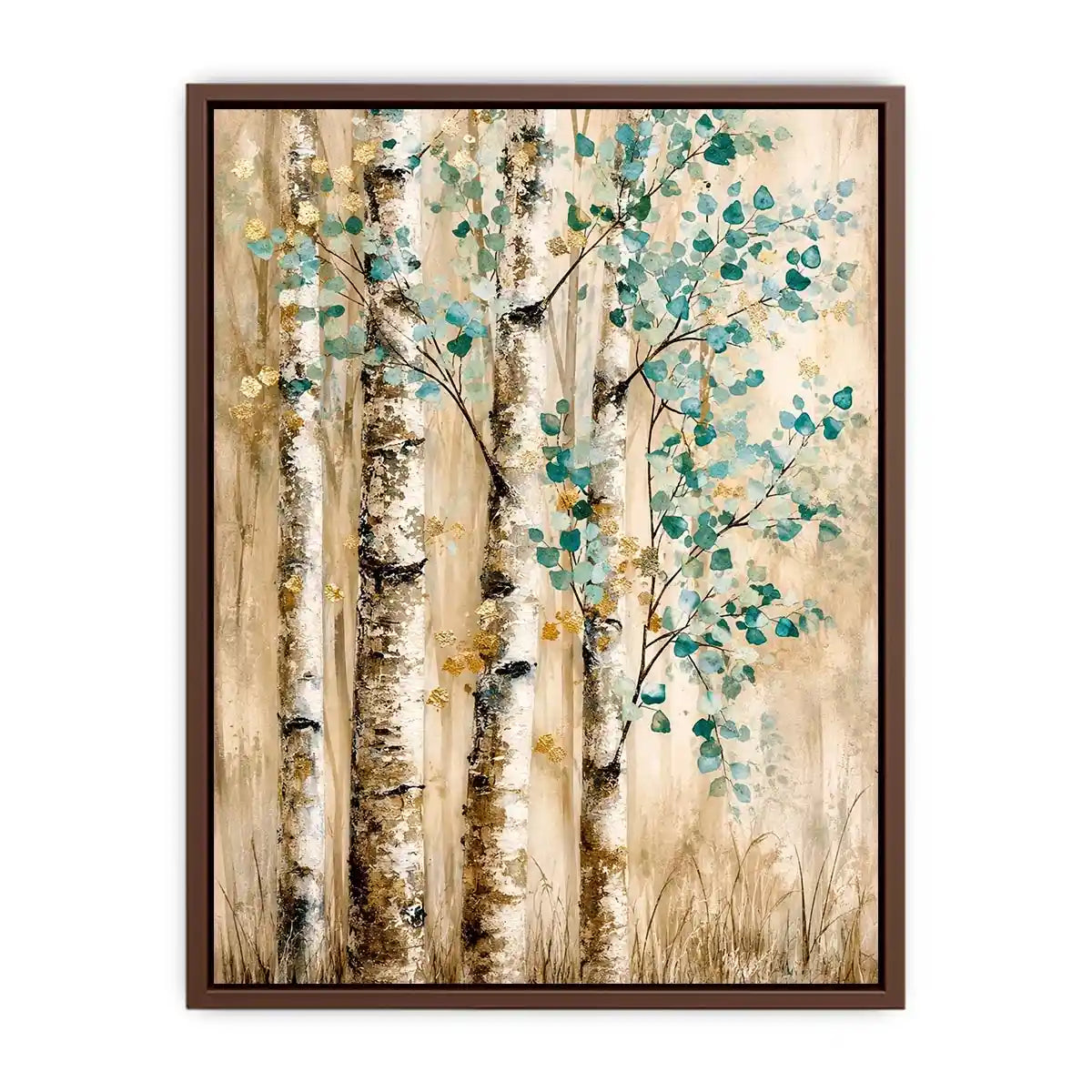 Minimal birch forest wall art with soft aqua leaves and textured neutral woodland design for modern interiors
