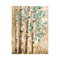 Minimal birch forest wall art with soft aqua leaves and textured neutral woodland design for modern interiors