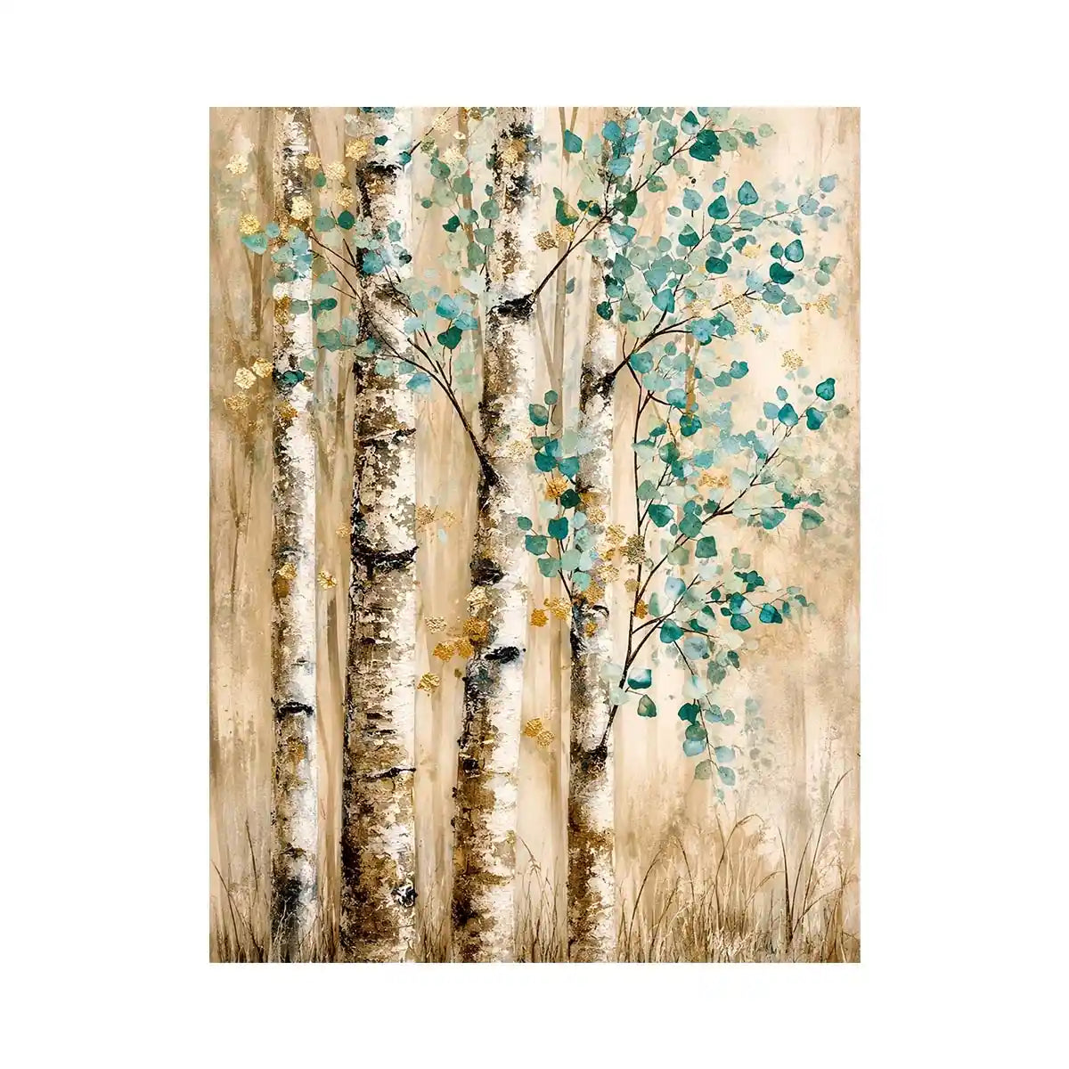 Minimal birch forest wall art with soft aqua leaves and textured neutral woodland design for modern interiors