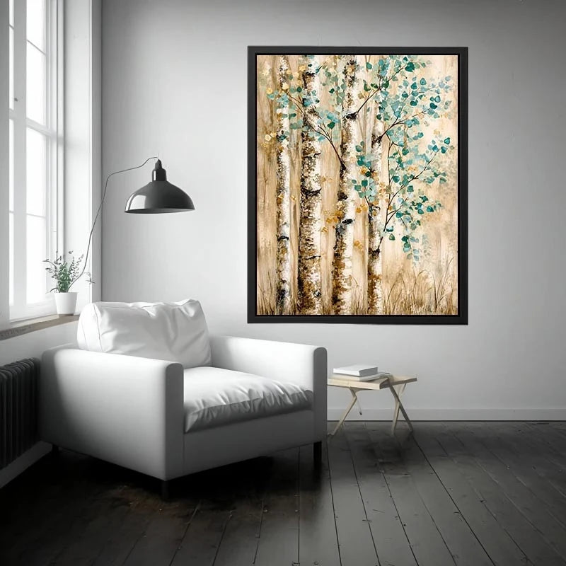 Minimal birch forest wall art with soft aqua leaves and textured neutral woodland design for modern interiors