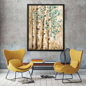 Minimal birch forest wall art with soft aqua leaves and textured neutral woodland design for modern interiors