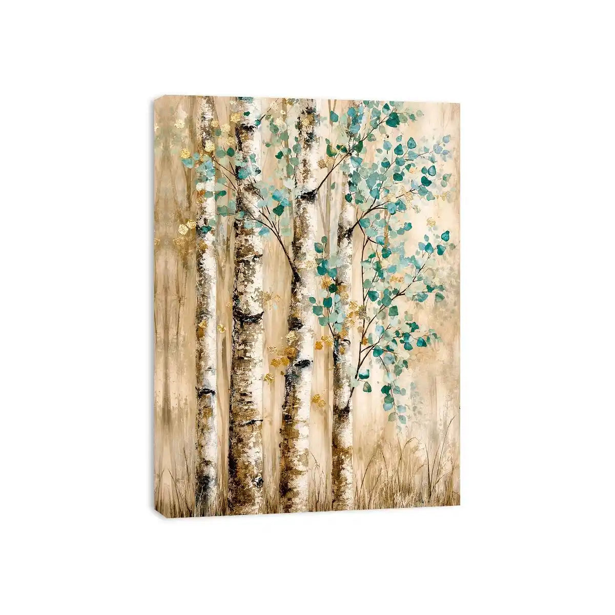 Minimal birch forest wall art with soft aqua leaves and textured neutral woodland design for modern interiors