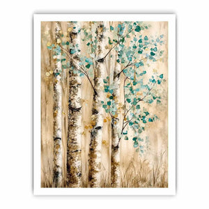 Minimal birch forest wall art with soft aqua leaves and textured neutral woodland design for modern interiors