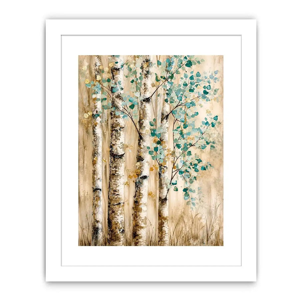 Minimal birch forest wall art with soft aqua leaves and textured neutral woodland design for modern interiors
