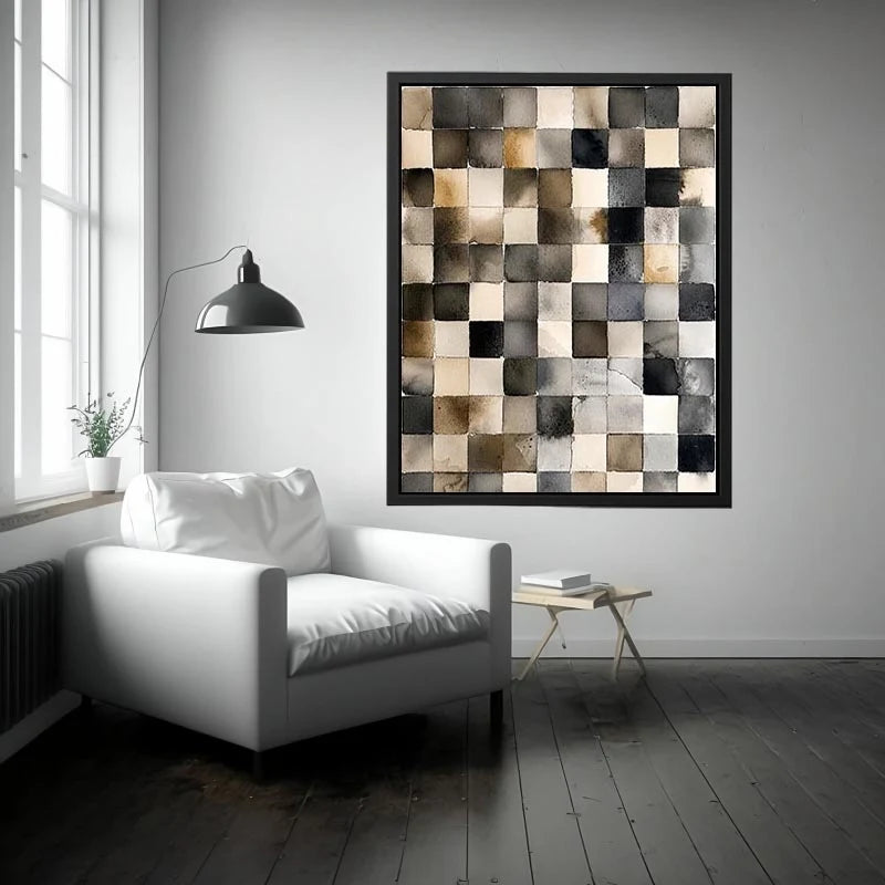 Neutral abstract watercolor grid wall art with soft gray squares and minimalist modern texture design