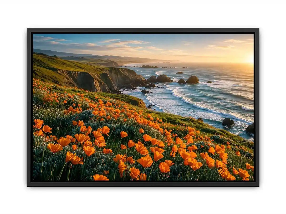 Scenic coastal wildflower wall art with orange blooms, ocean cliffs, and peaceful panoramic seaside landscape