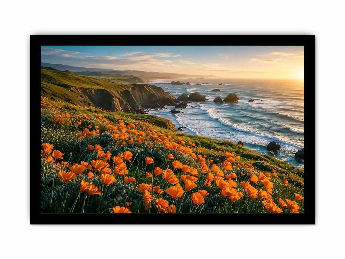 Scenic coastal wildflower wall art with orange blooms, ocean cliffs, and peaceful panoramic seaside landscape