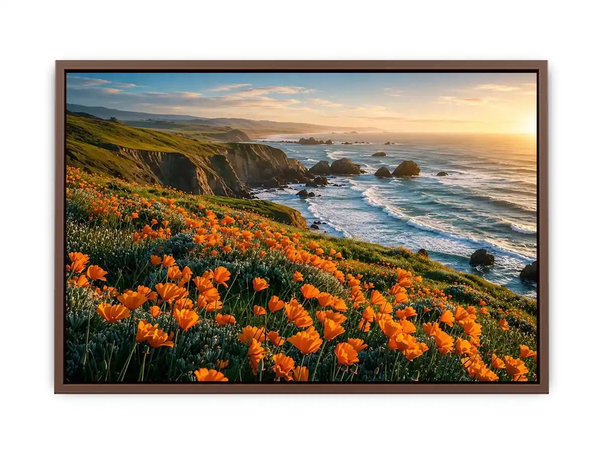 Scenic coastal wildflower wall art with orange blooms, ocean cliffs, and peaceful panoramic seaside landscape