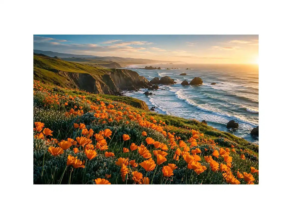 Scenic coastal wildflower wall art with orange blooms, ocean cliffs, and peaceful panoramic seaside landscape