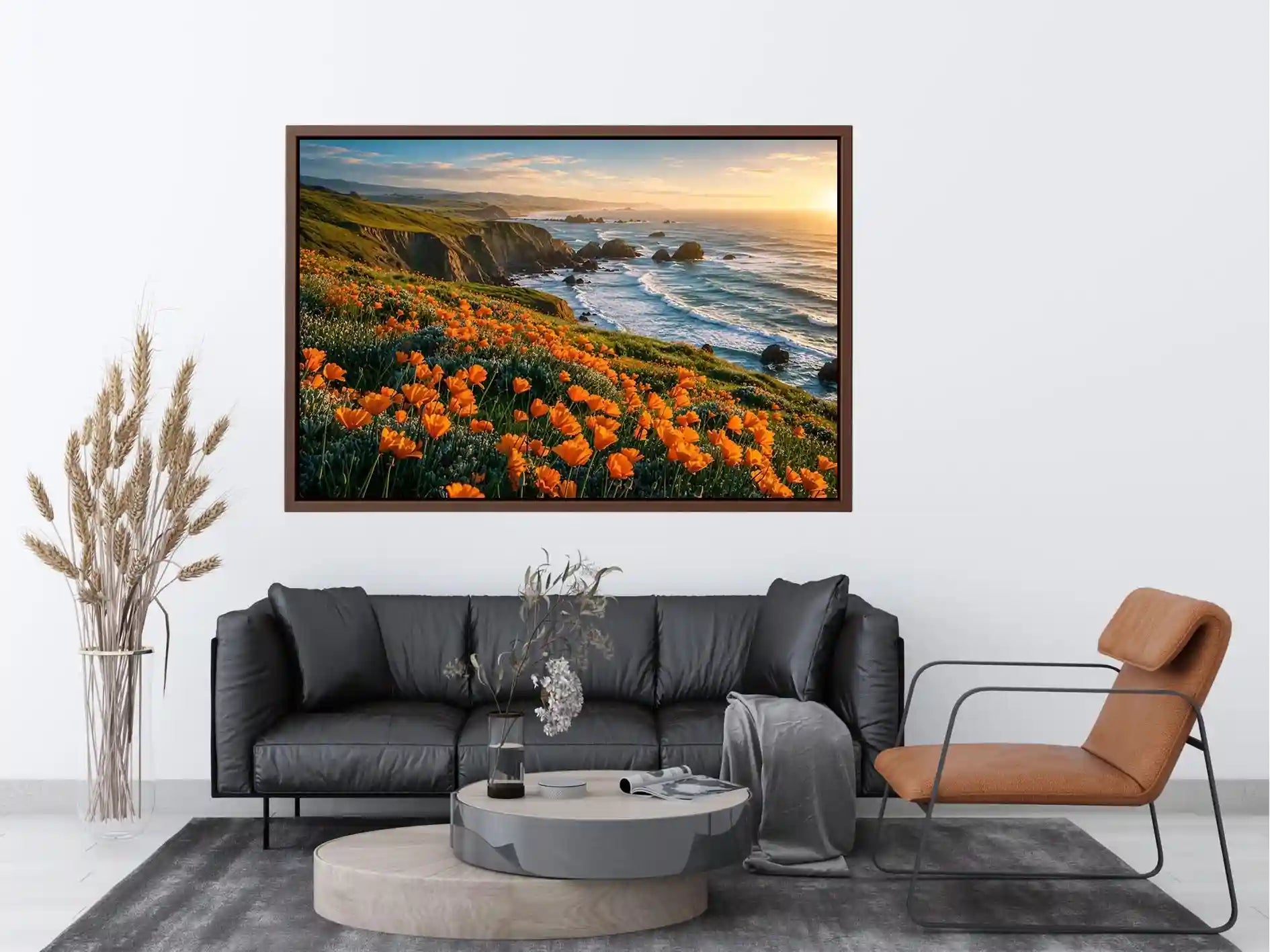 Scenic coastal wildflower wall art with orange blooms, ocean cliffs, and peaceful panoramic seaside landscape