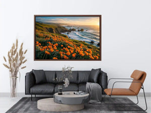 Scenic coastal wildflower wall art with orange blooms, ocean cliffs, and peaceful panoramic seaside landscape