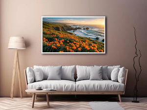 Scenic coastal wildflower wall art with orange blooms, ocean cliffs, and peaceful panoramic seaside landscape