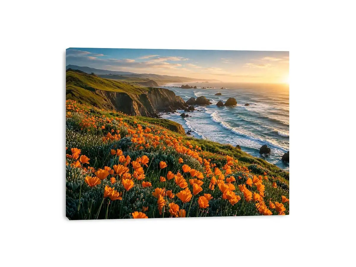 Scenic coastal wildflower wall art with orange blooms, ocean cliffs, and peaceful panoramic seaside landscape