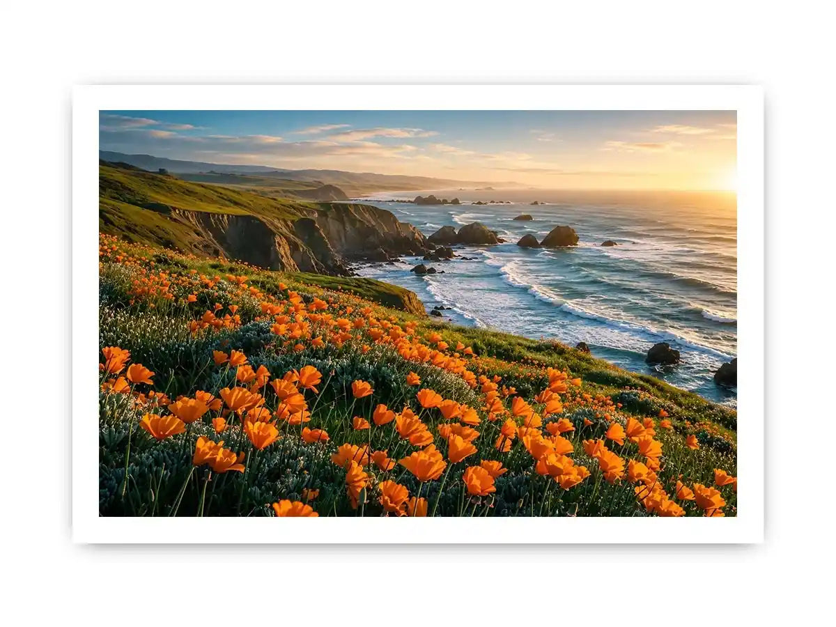 Scenic coastal wildflower wall art with orange blooms, ocean cliffs, and peaceful panoramic seaside landscape