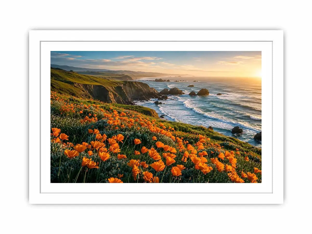Scenic coastal wildflower wall art with orange blooms, ocean cliffs, and peaceful panoramic seaside landscape