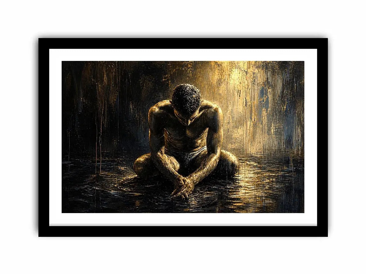 Abstract painting of a seated human figure with head bowed in a moody textured environment