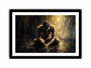 Abstract painting of a seated human figure with head bowed in a moody textured environment