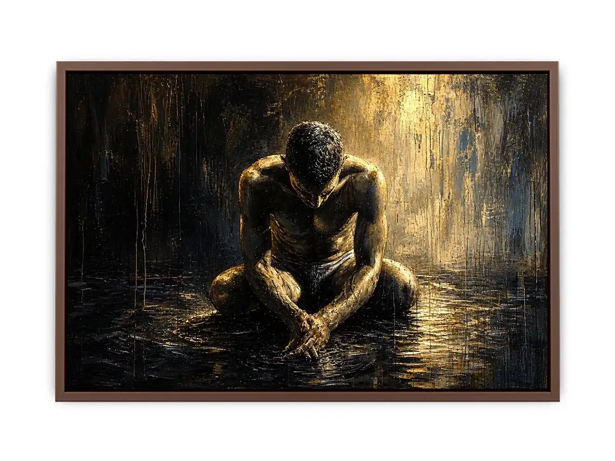 Abstract painting of a seated human figure with head bowed in a moody textured environment