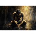 Abstract painting of a seated human figure with head bowed in a moody textured environment