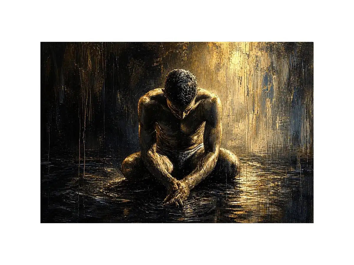 Abstract painting of a seated human figure with head bowed in a moody textured environment