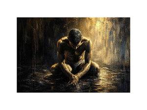 Abstract painting of a seated human figure with head bowed in a moody textured environment